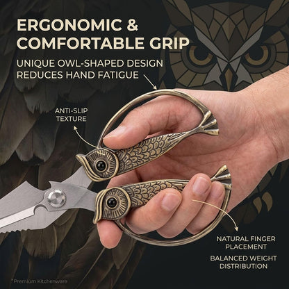 XSNBRD All Purpose Kitchen Scissors, Pearl Gold Stainless Owl Shears.