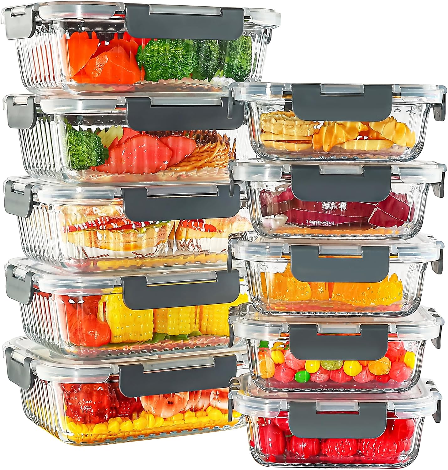 Meal Prep Containers Glass 10 Pack - Striped Food Storage Containers with Lids Airtight, 2 Sizes, Microwave Dishwasher Freezer Safe, Clear