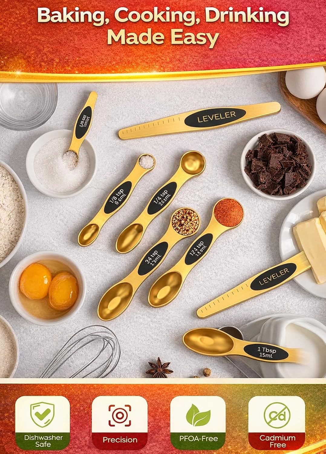 Magnetic Measuring Cups and Spoons Set304 Stainless Steel Dual Scale Set of 15, Strong N52 Magnetic Nesting Design with Leveler, for Dry&Liquid Ingredients, Dishwasher Safe(Colorful)