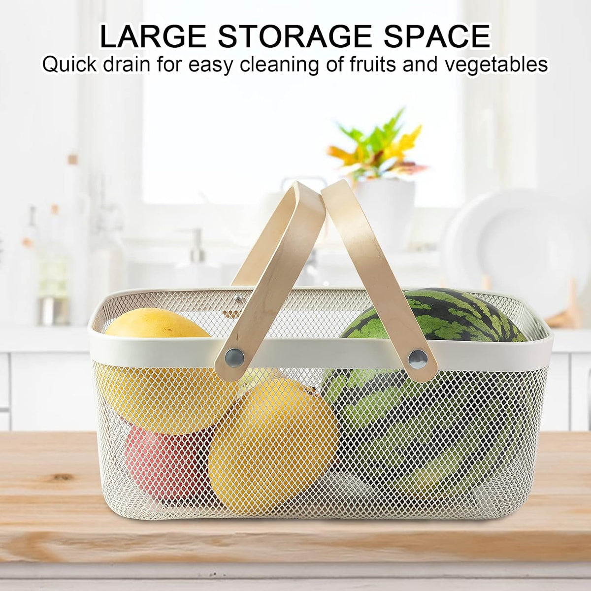 Portable Garden Harvest Basket-Mesh Design Natural Bamboo Handle Wire Storage Baskets,Mesh Basket with Handle Organize Items Reduce Space Occupation,Suitable for Kitchen,Garden,Picnic(Black)