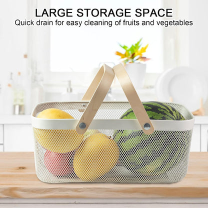 Portable Garden Harvest Basket-Mesh Design Natural Bamboo Handle Wire Storage Baskets,Mesh Basket with Handle Organize Items Reduce Space Occupation,Suitable for Kitchen,Garden,Picnic(Black)