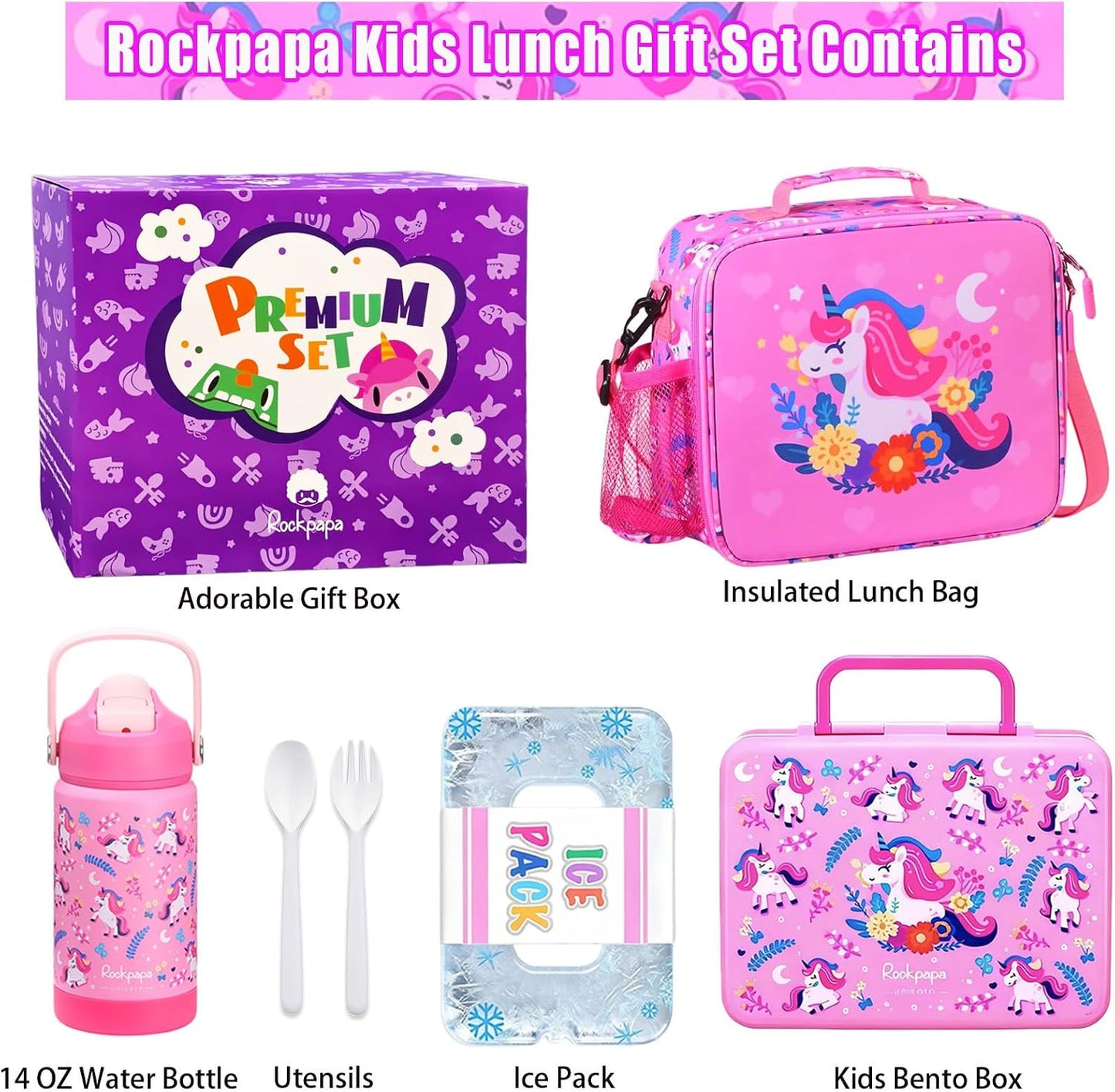 rockpapa Chill Kids Lunch Box Set with Leakproof 5.5 Cups Bento Box, Reusable Ice Pack, 14oz Insulated Water Bottle & Lunch Bag, BPA-Free Microwave Safe for School Boys Girls (Black Games)
