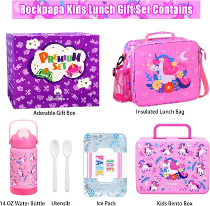 rockpapa Chill Kids Lunch Box Set with Leakproof 5.5 Cups Bento Box, Reusable Ice Pack, 14oz Insulated Water Bottle & Lunch Bag, BPA-Free Microwave Safe for School Boys Girls (Black Games)