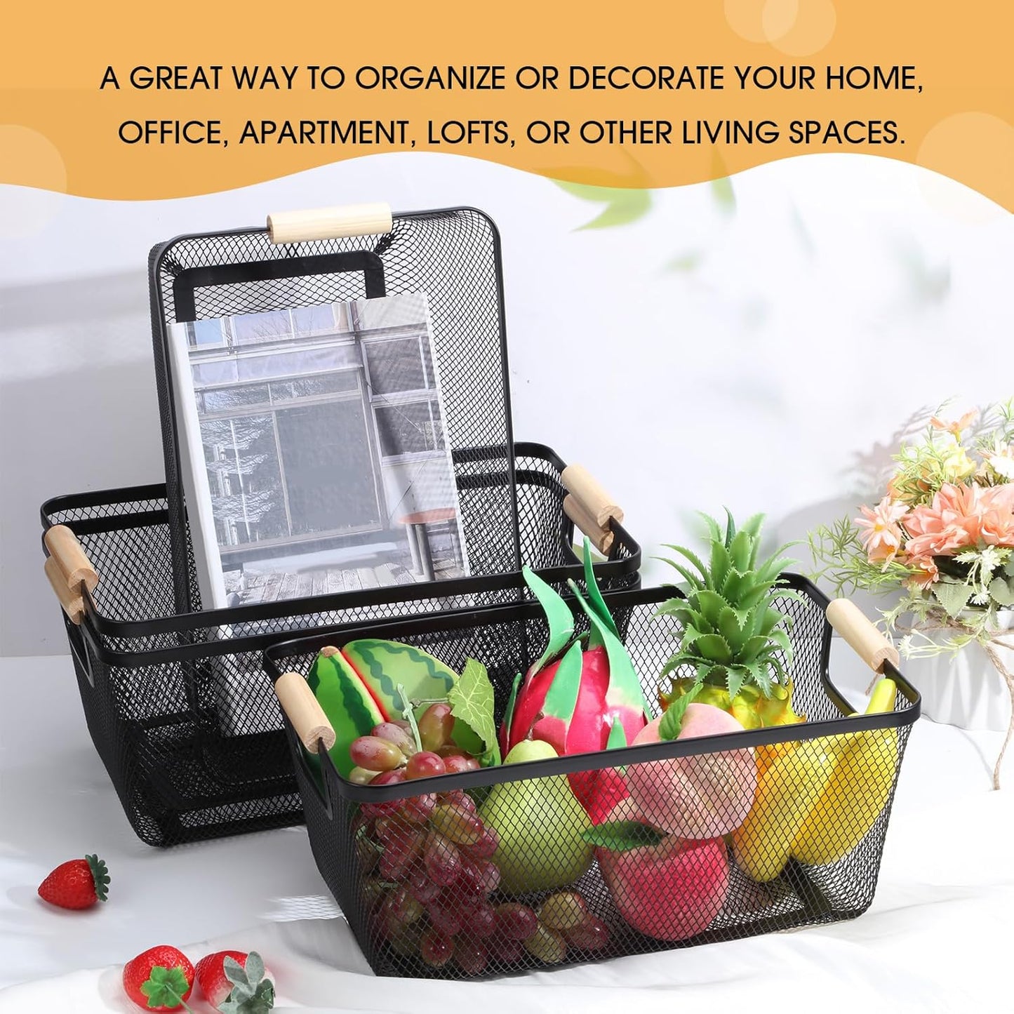 Ziliny 4 Pcs Metal Mesh Wire Baskets with Wooden Handles for Organizing, Pantry Organizers and Storage Steel Bin Kitchen Baskets for Fruit Potato Onion Snacks Bathroom Cabinet(Medium,Cream White)