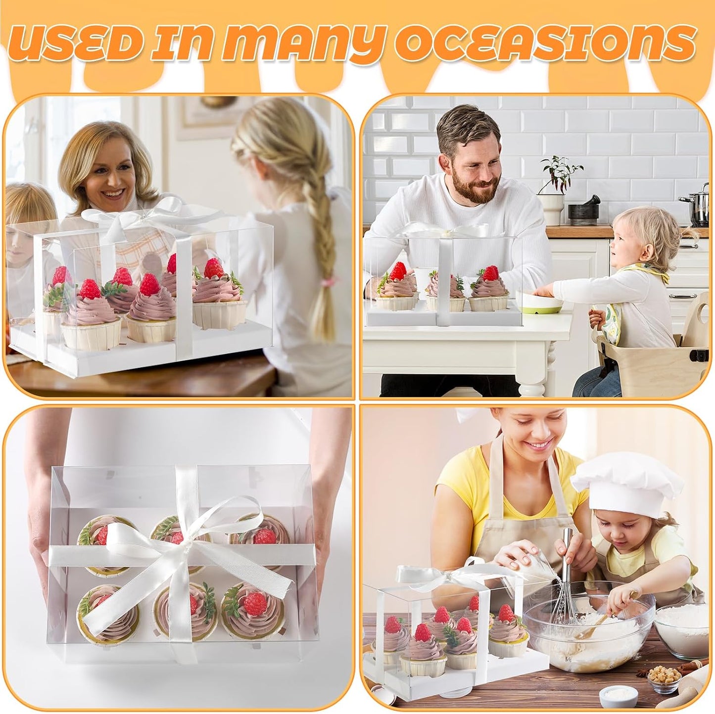 JCD 4 Pack Clear Cupcake Boxes, Plastic Cupcake Containers with Gift Ribbon, 5.5inches height Holder 6 Count Cup Cake Boxes for Parties, Baking, Wedding, Transport (6count/4pcs)