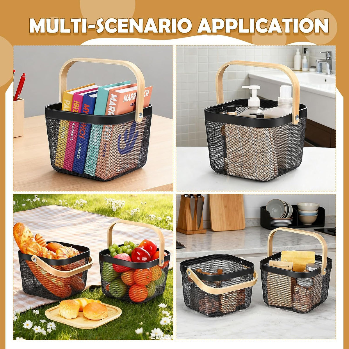 Maxdot 4 Pcs Metal Wire Mesh Fruit Basket with Lid and Handles Black Harvest Basket Fly-proof Fresh Vegetable Storage Bins Stackable for Gathering Kitchen Garden Picnic Shopping 9.6 x 9.6 x 7 Inch