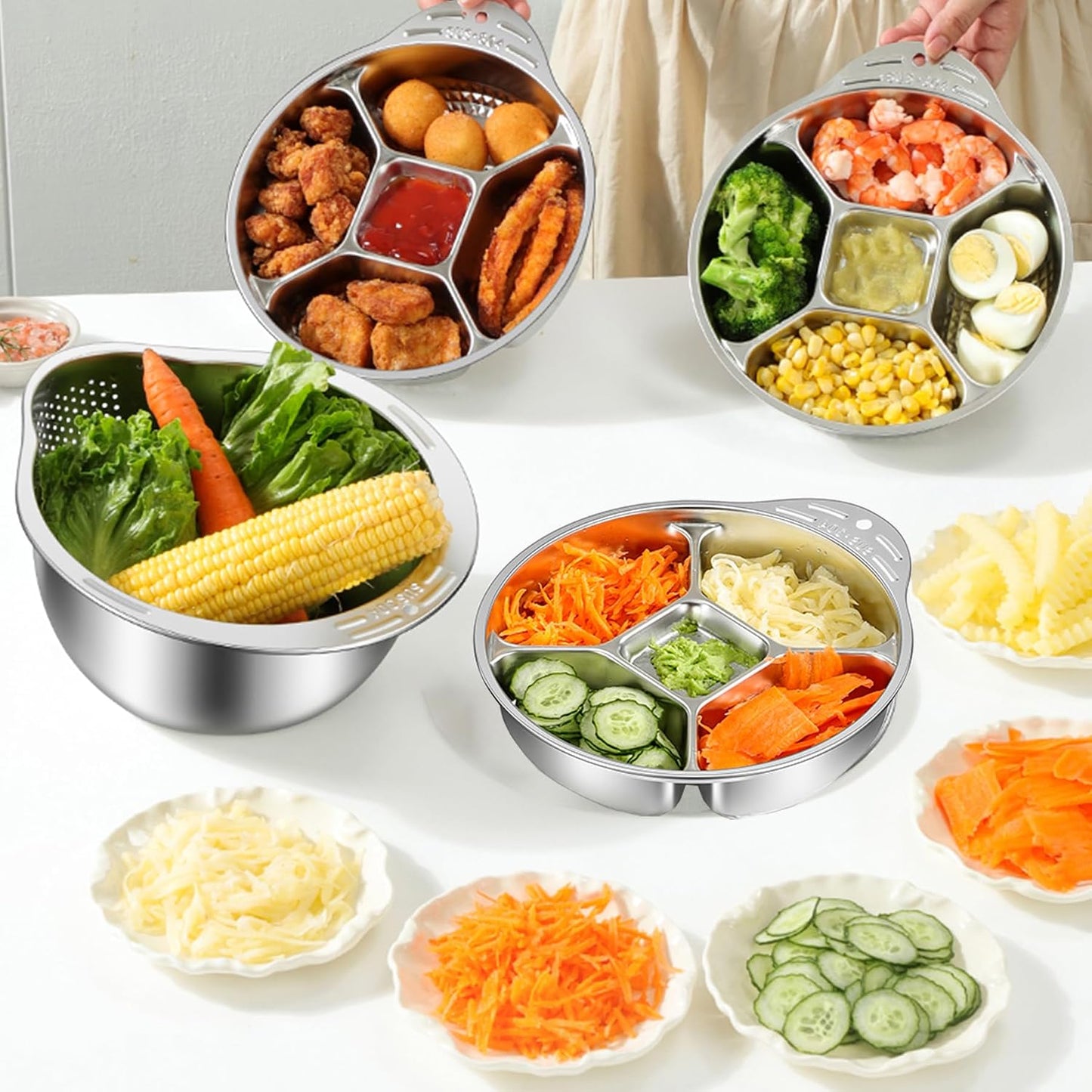 Rice Washer Strainer Bowl with Grater, Multipurse Stainless Steel Rice Colander with Side Drainer for Cleaning Quinoa, Fruits, Vegetables, Bean Versatile Kitchen Tool