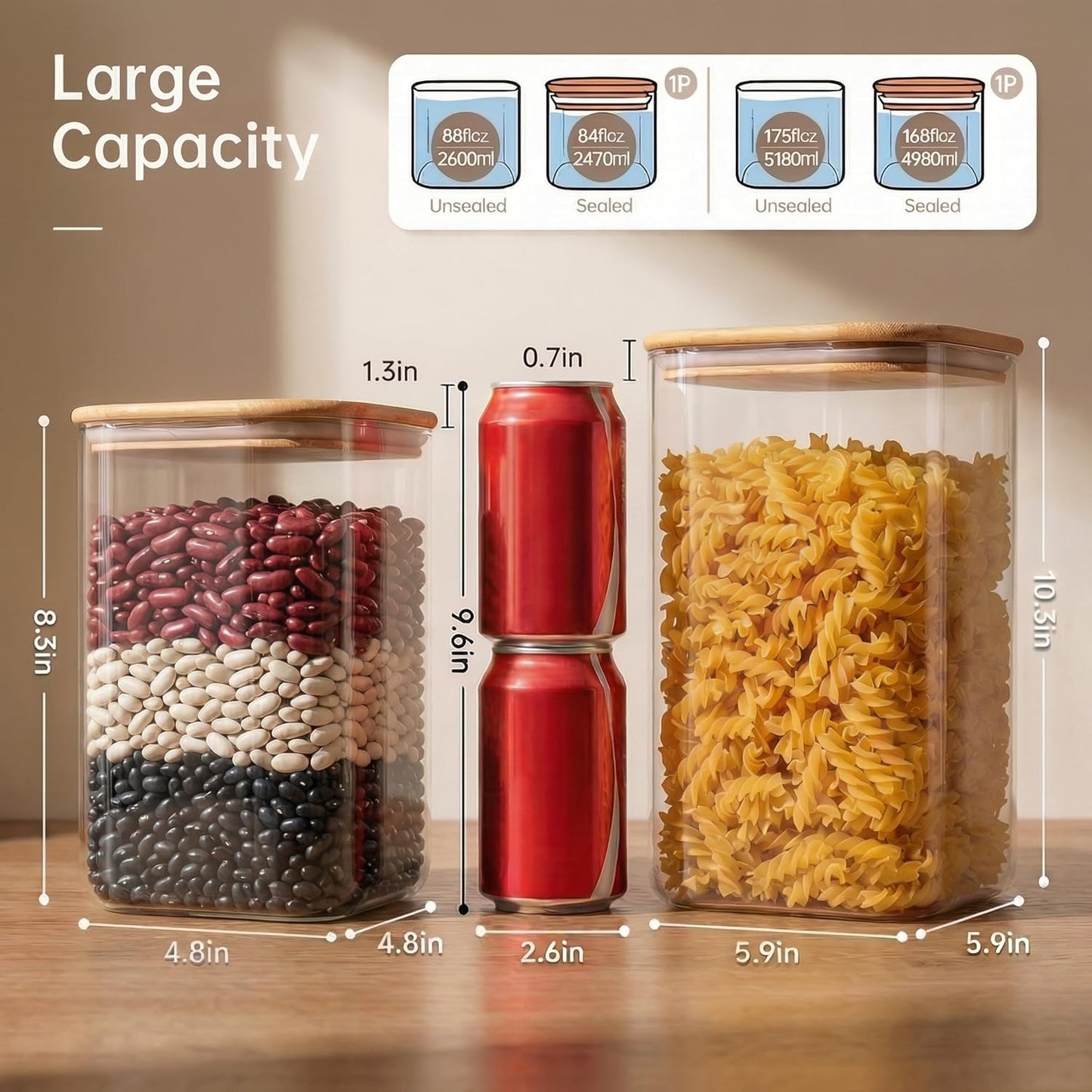 Extra Large Square Glass Flour & Sugar Storage Containers with Airtight Lids, 168oz 2 Pack Glass Jars with Bamboo Lids, Air tight Pantry Food Storage Containers for Cereal, Pasta, Rice Organizers