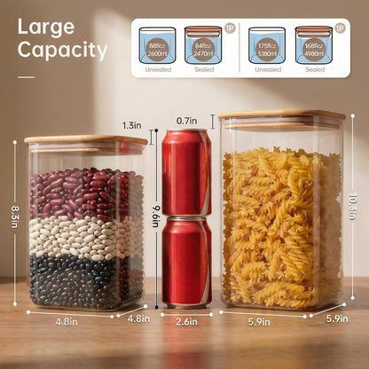 Extra Large Square Glass Flour & Sugar Storage Containers with Airtight Lids, 168oz 2 Pack Glass Jars with Bamboo Lids, Air tight Pantry Food Storage Containers for Cereal, Pasta, Rice Organizers