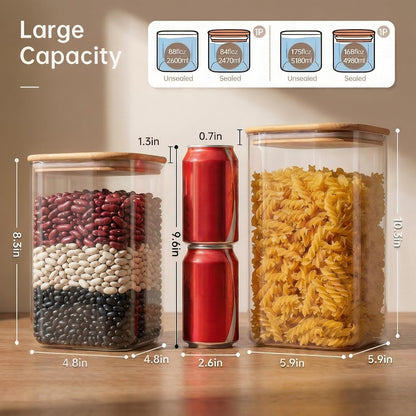 168oz 2 Pack Large Glass Storage Containers with Lids for Pantry Storage | Square Borosilicate Glass Jar with Airtight Lid Keep Flour, Sugar & Rice Fresh, Fit 10lb Bag, BPA-Free for Pantry Organizer