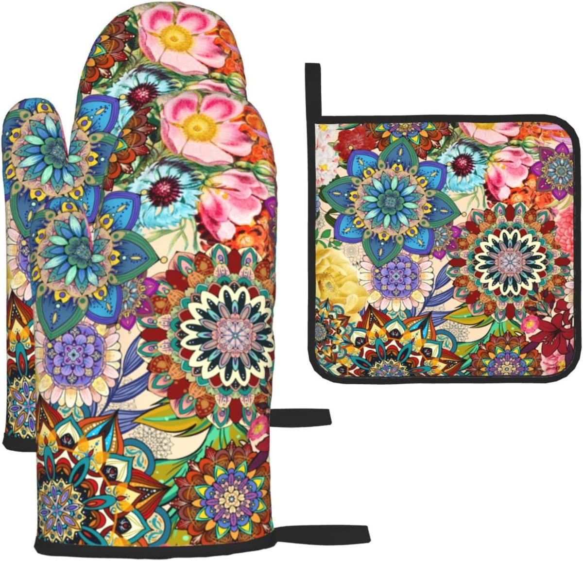 Boho Floral Oven Mitts and Pot Holders Sets of 3, Cute Baker Stuff