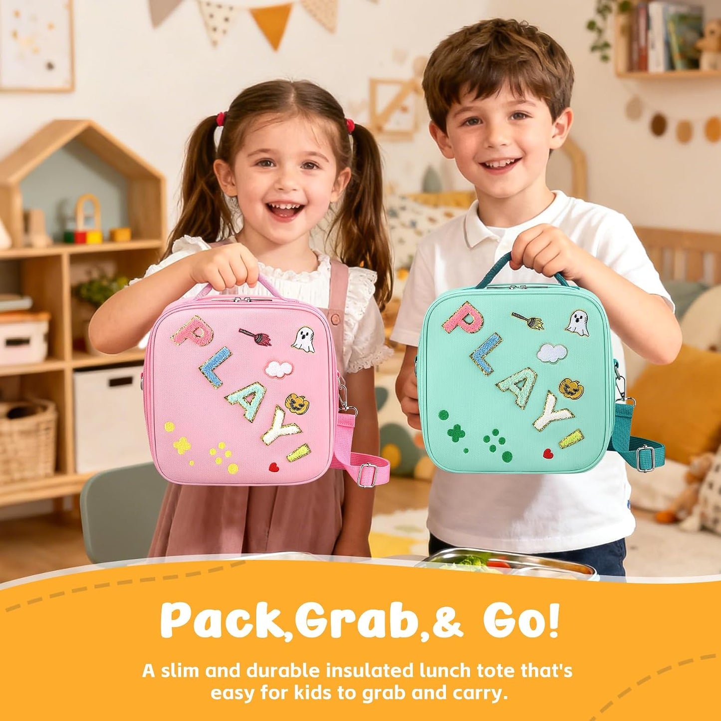 Reusable Insulated Lunch Bag for Kids Teens & Adults with Adjustable Shoulder Strap - Large Durable Lunch Bag Tote for School Travel Picnic Work - Leakproof Design Lunch Carrier (Black -3D Dinosaur)