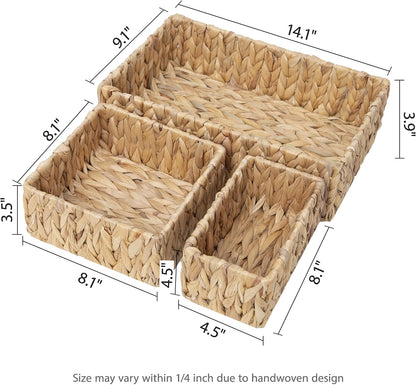 Natural Water Hyacinth Wicker Baskets Set of 3, Handwoven Nesting Organizer | for Pantry Shelves Bathroom and Bedroom Organization to Hold Towels or Books
