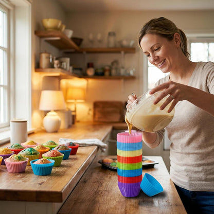 Reusable Silicone Cupcake Liners BPA Free Silicone Muffin Cups for Baking, Oven Microwave Air Fryer Safe, 2.75 x 1.7 x 1.2 Inches, Dishwasher Safe Baking Cups, 8 Rainbow Colors, 48 Pack