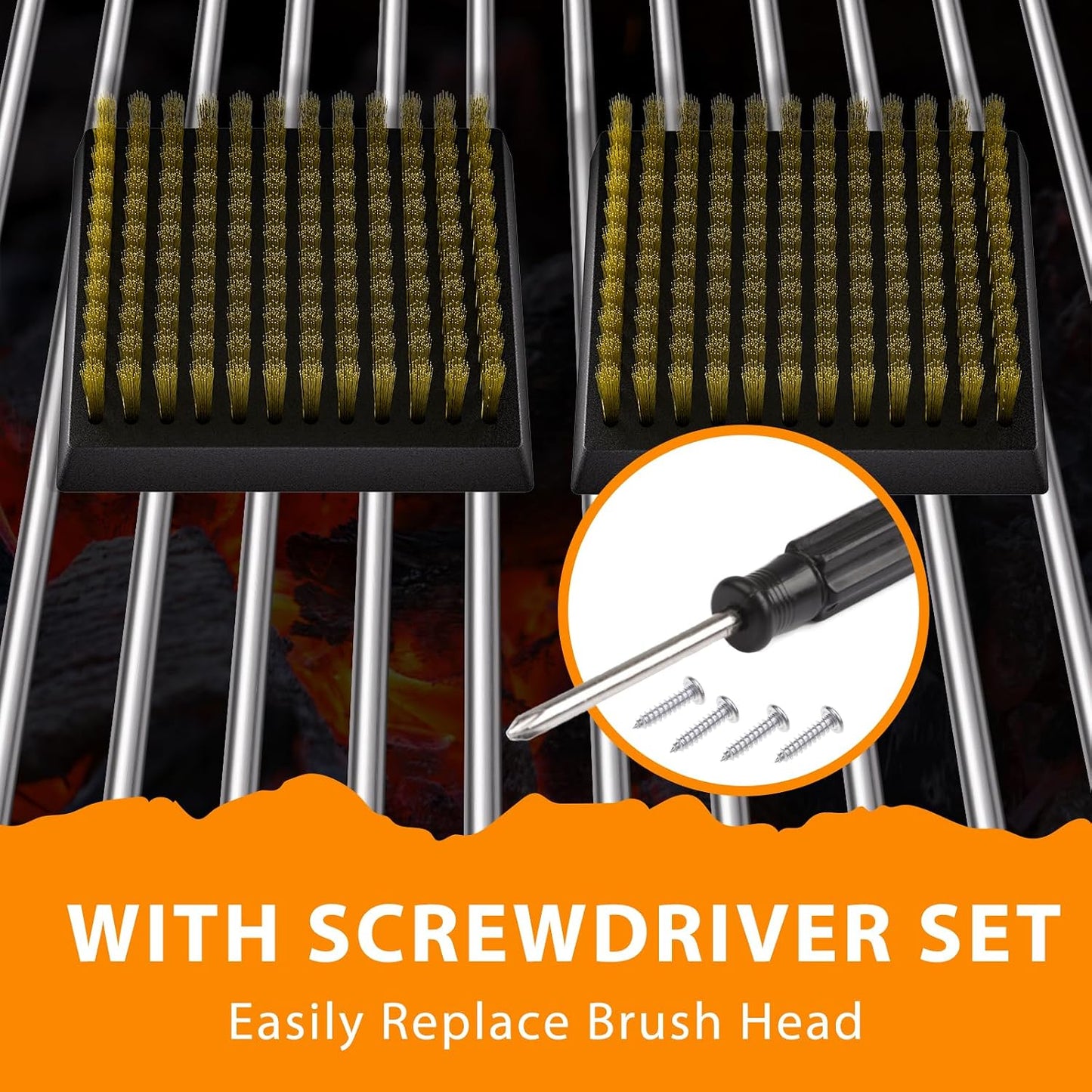 ENLOY Grill Brush and Scraper for Barbecue, 17" Grill Brush for Outdoor Grill, Extended Rosewood Handle and 2 Replaceable Copper Wire Brush Heads, Grill Cleaning Brush Grill Accessories for Most Grill