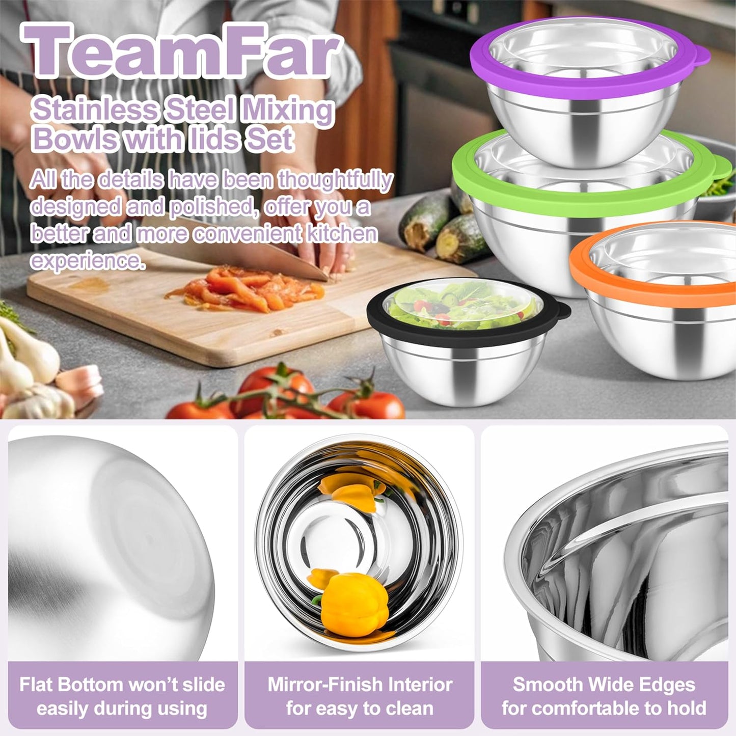 TeamFar Mixing Bowls Set, 4.5/3/1.5/1/0.7 QT Stainless Steel Nesting Salad Bowls with Airtight Lids, For Serving/Mixing/Storing, Non-Toxic & Heavy Duty, Visible & Easy Clean, Black, Set of 5