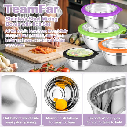 TeamFar Mixing Bowls Set, 4.5/3/1.5/1/0.7 QT Stainless Steel Nesting Salad Bowls with Airtight Lids, For Serving/Mixing/Storing, Non-Toxic & Heavy Duty, Visible & Easy Clean, Black, Set of 5