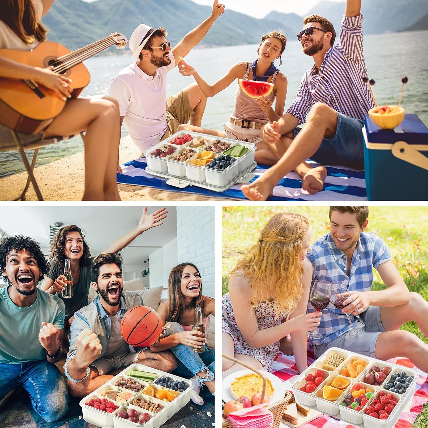 Snackle Box Container with Sealed Lid – Portable BPA-Free Snack Box with Foldable Handle, Divided Serving Tray for Fruit, Candy, Nuts & Veggies – Perfect for Travel, Picnic, Beach & Party 11.8" x 8.8"