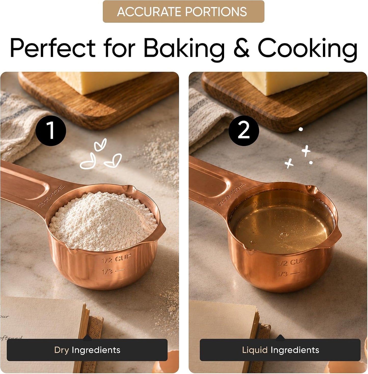 Color Up Measuring Cup Set, 8 Piece, Copper and Chrome Finish, Stainless Steel, Accurate for Wet & Dry Ingredients, Embossed Markings, Easy Pour Spouts, Dishwasher Safe, Kitchen Essential (Stainless)