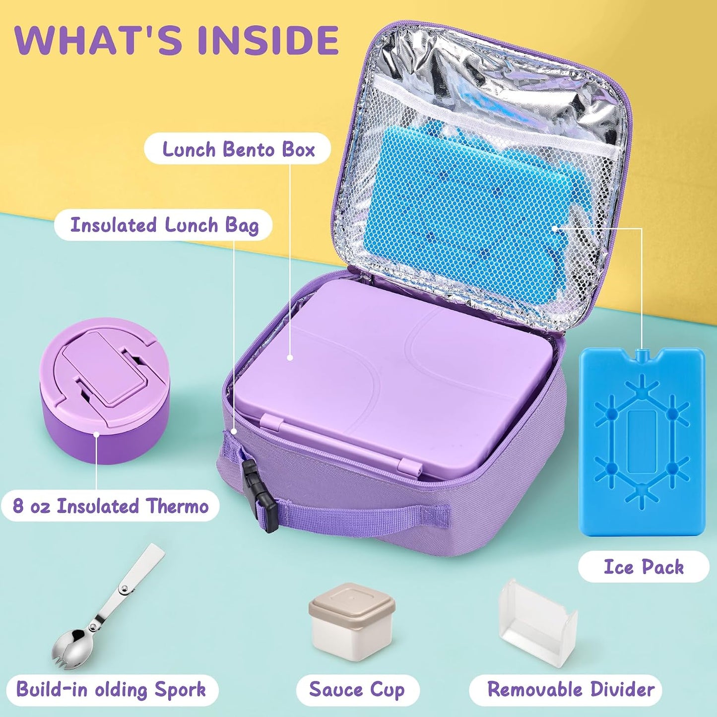 MAXSO Bento Lunch Box Set with 8 oz Soup Thermo, Kids Leakproof 4 Compartments Hot Food Container with Sauce Cup, Ice Pack and Lunch Bag, Child Insulated Food Jar for School - Black