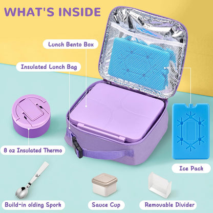 MAXSO Bento Lunch Box Set with 8 oz Soup Thermo, Kids Leakproof 4 Compartments Hot Food Container with Sauce Cup, Ice Pack and Lunch Bag, Child Insulated Food Jar for School - Black
