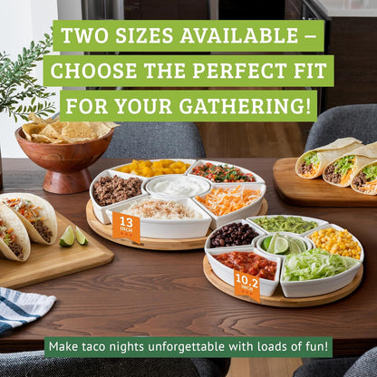 Ceramic Taco Serving Platter - Divided Serving Tray for Taco Tuesday Lazy Susan Taco Bar - Chip and Dip Serving Set for Party - Appetizer Serving Tray for Salsa, Snacks (13 in)