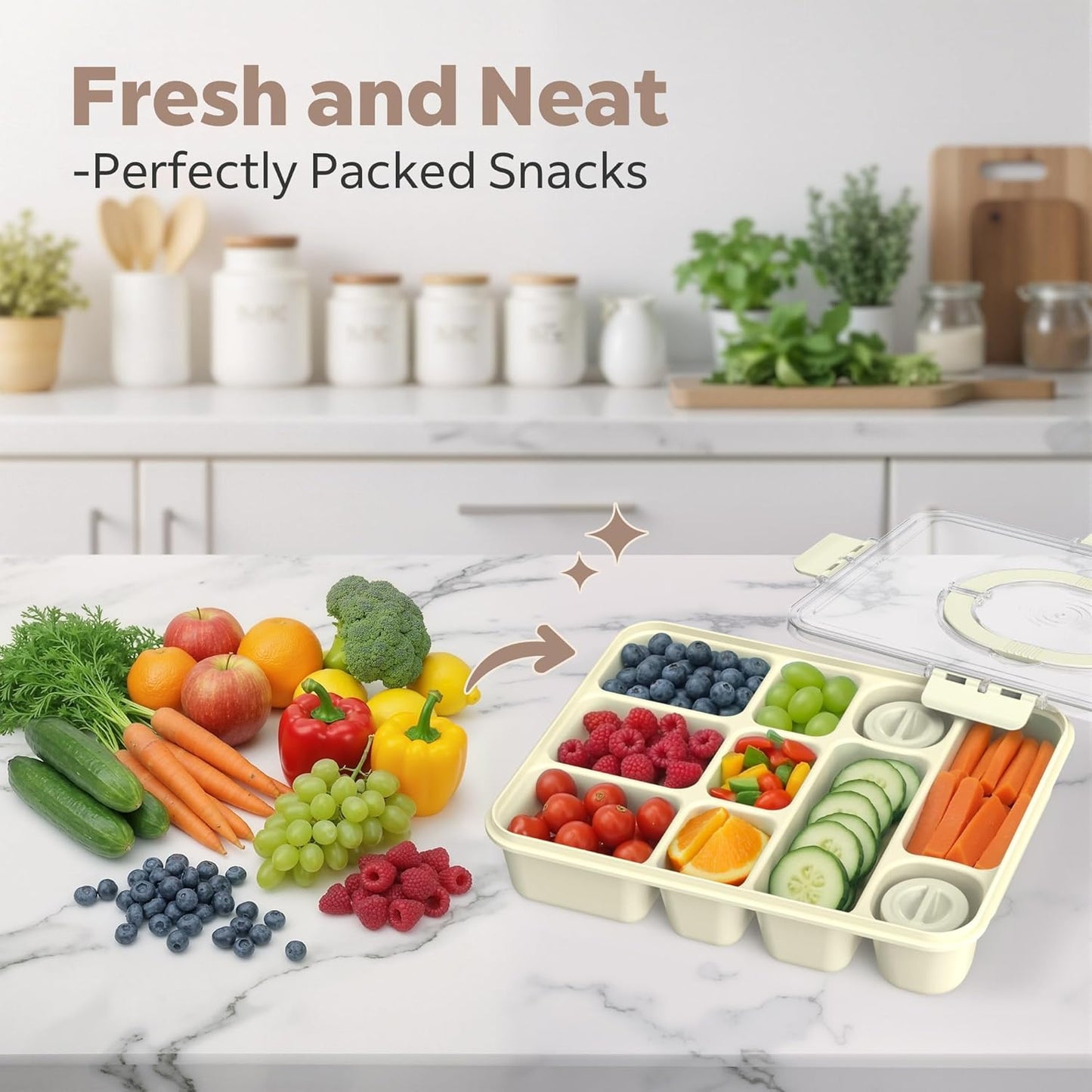 Snackle Box Container for Adults with 10 Compartment, Divided Serving Tray with Lid and Handle and 2 Sauce Containers, Portable Snack Box Container for Charcuterie Party Travel, Purple