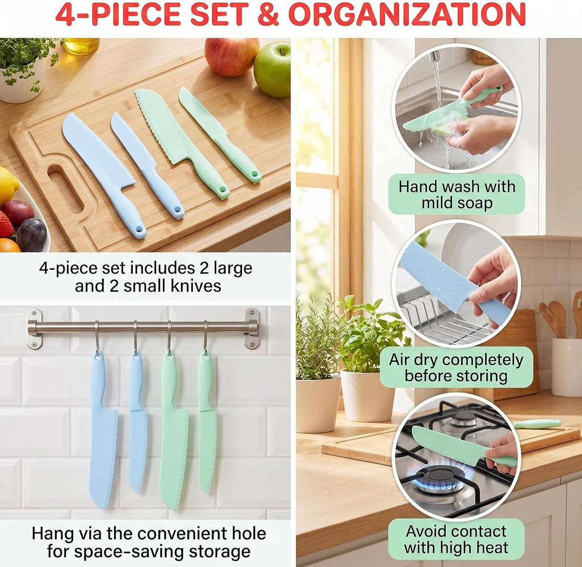 4Pcs Plastic Lettuce Knives 2 Sizes Blue & Green