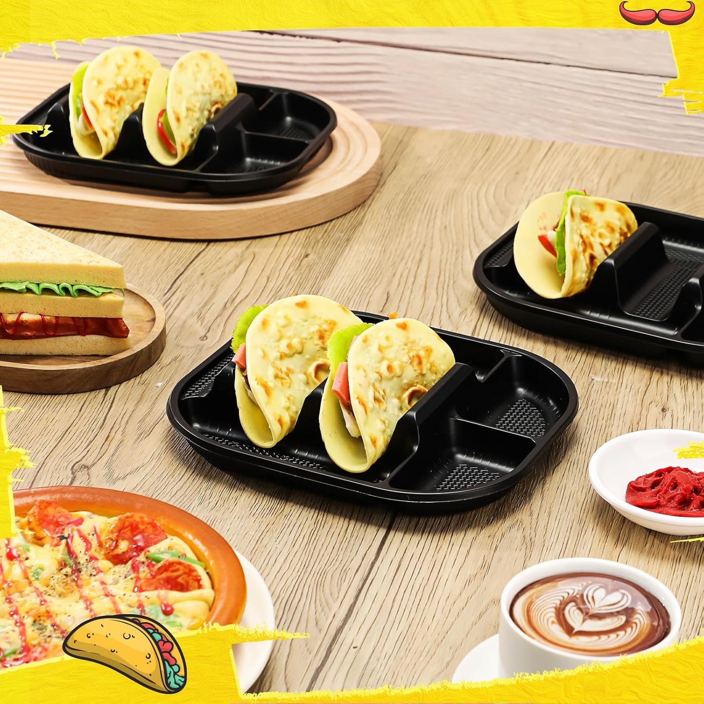 Baderke 40 Pack Disposable Plastic Taco Plates, Fiesta Tacos Holder Tray PP Taco Holder Plates with 2 Dividers for Soft & Hard Shells for Tacos Tuesday Bar, Parties, Picnics (Black)