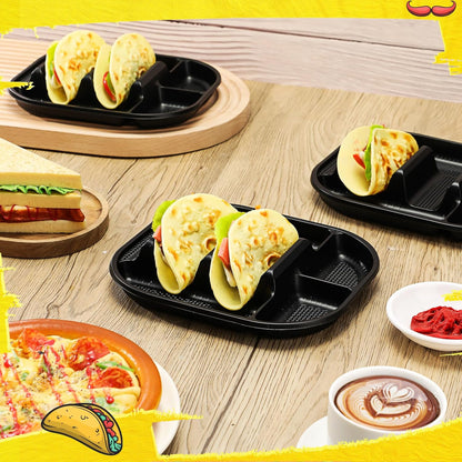 Baderke 40 Pack Disposable Plastic Taco Plates, Fiesta Tacos Holder Tray PP Taco Holder Plates with 2 Dividers for Soft & Hard Shells for Tacos Tuesday Bar, Parties, Picnics (Black)