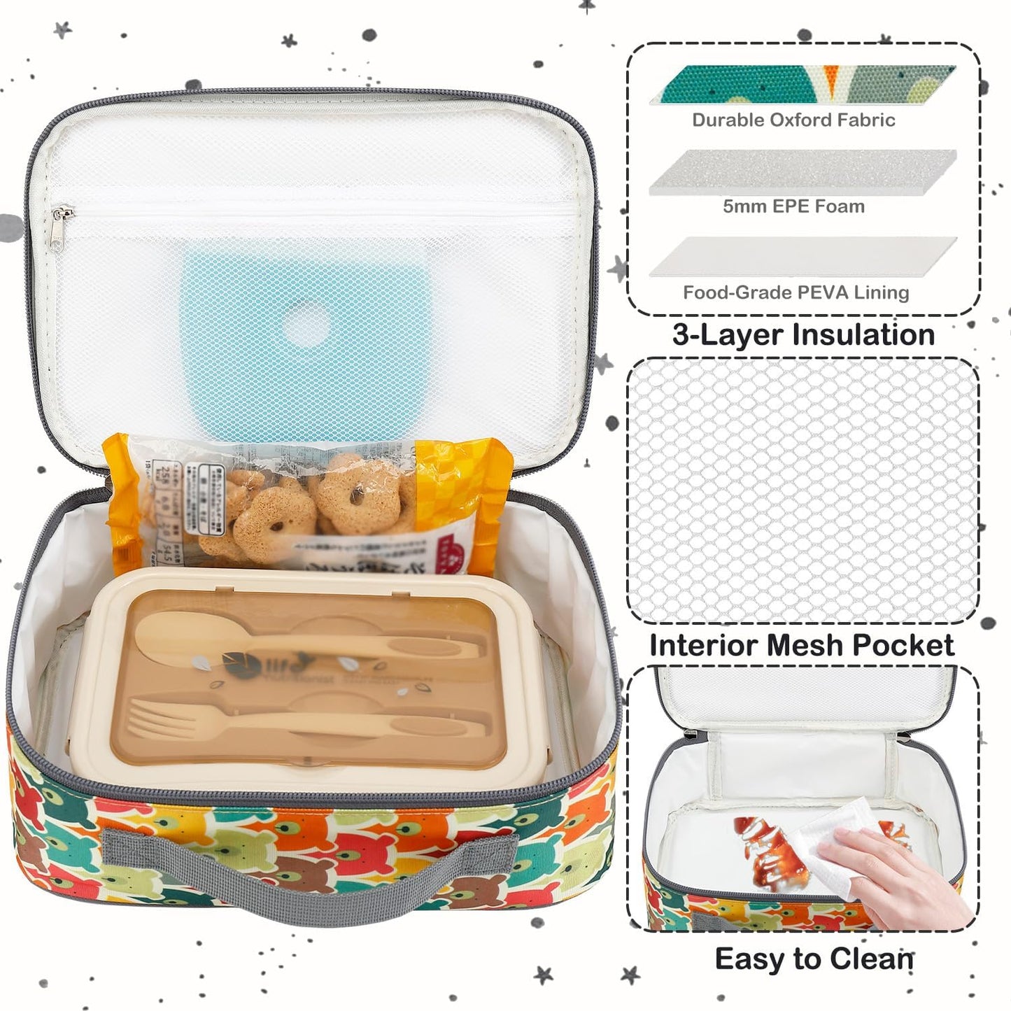 FlowFly Kids Lunch box Insulated Soft Bag Mini Cooler Back to School Thermal Meal Tote Kit for Girls, Boys, Black