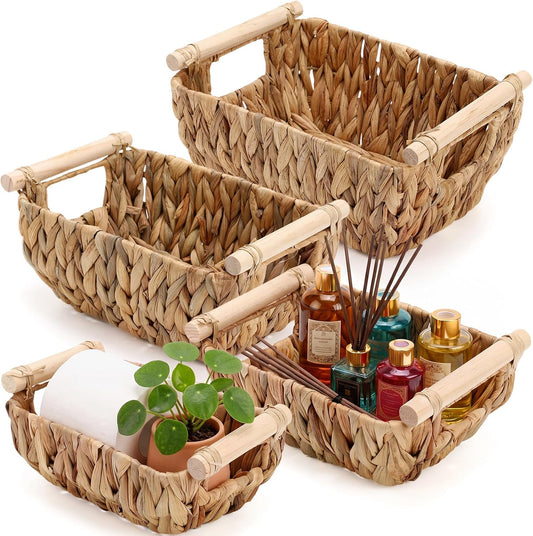 Newtay 4 Pack Wicker Storage Baskets, Hand Woven Basket for Organizing, Water Hyacinth Nesting Shelf Bins with Wooden Handles for Nursery Shelves, Bedroom Decor, Pantry School Office Desk, 4 Size