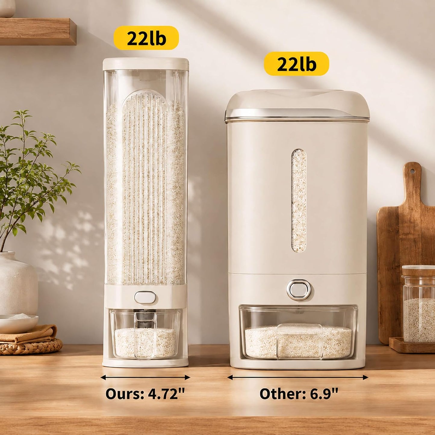 Slim Rice Dispenser with Manual Date Tracker, 22 Lbs Large Grain Storage Container for Kitchen Gap, 4.72" Wide Narrow Rice Bin with Measuring Cup, Beige