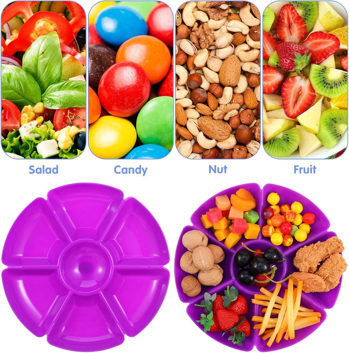 8-Pack Plastic Divided Serving Trays with 100 Forks, 7-Compartment Round Chip & Dip Plates, 10.4" Snack Platters for Party, Candy, Nuts, Fruits (8 Vibrant Colors)