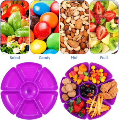 8-Pack Plastic Divided Serving Trays with 100 Forks, 7-Compartment Round Chip & Dip Plates, 10.4" Snack Platters for Party, Candy, Nuts, Fruits (8 Vibrant Colors)