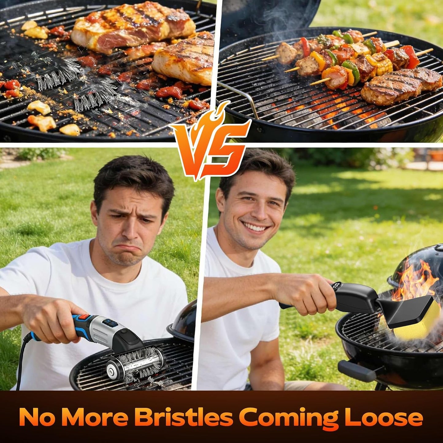 Reciprocating Electric Grill Brush, Fire-Resistant BBQ Grill Brush, Bristle-Free Grill Brush for Outdoor Grill, Grill Cleaner with 3 Heads, Cordless Grill Cleaning Brush with 3600 mAn, Silver