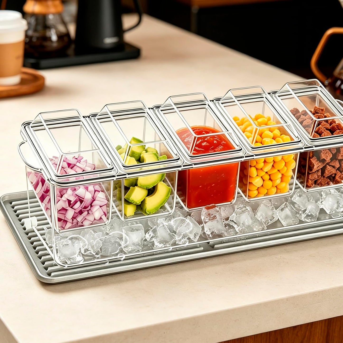 Chilled Condiment Caddy, 5 Containers with Secure Lids, Drain Plug & Gray Silicone Mat, Holds 80 oz Ice. Large Taco Bar Serving Set, Multi-Use for Mimosa Bar, Salad, Fruit, Party Garnishes
