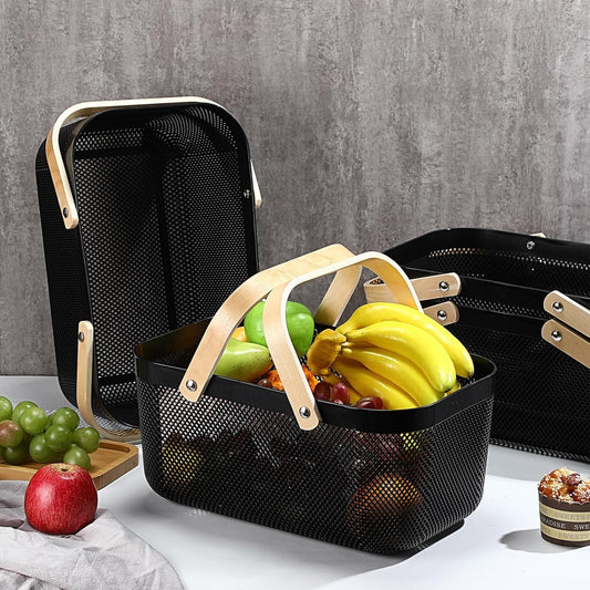 Sadnyy 4 Pcs Plastic Mesh Garden Harvest Basket Storage Basket with Wooden Handle Multi Functional Mesh Bin for Kitchen Cabinet Picnic Fruit Vegetable Gathering Organizer(Large,White)