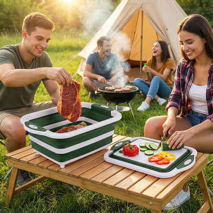Collapsible BBQ Prep Tub with Lid, Foldable Camping Sink with Colander, Cutting Board, Dish Basin for Kitchen, Bowl, Vegetable and Fruit, Storage Basket for Picnic-Black
