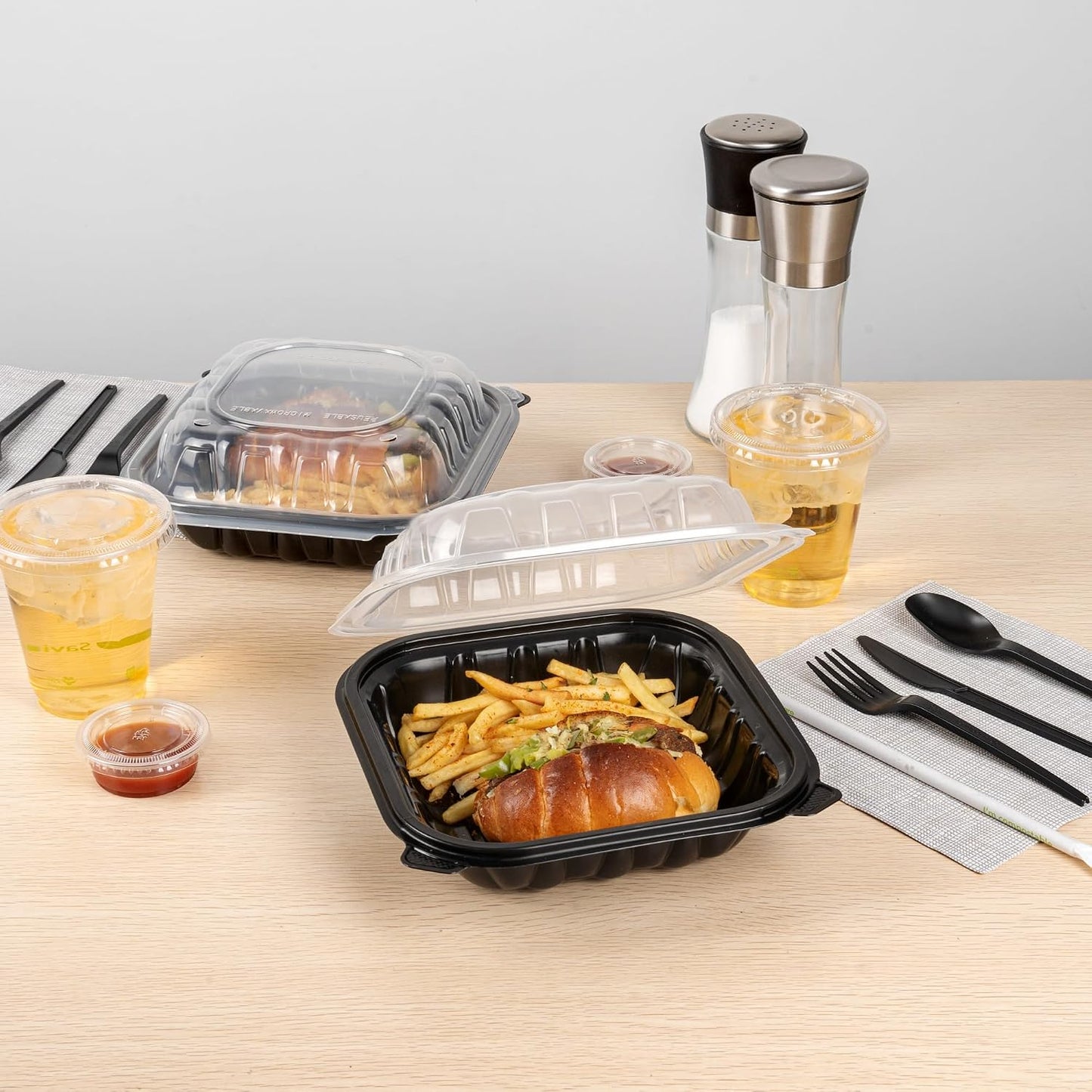 Thermo Tek 40 Ounce Clamshell Containers, 50 Disposable Take Out Boxes - 3 Compartments, Ventilated Lids, Black Plastic Meal Prep Containers, Microwavable, For Pasta Or Salads - Restaurantware