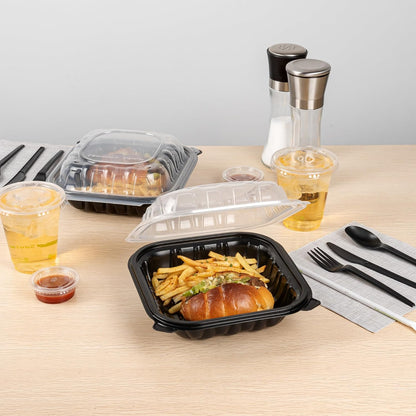 Thermo Tek 40 Ounce Clamshell Containers, 50 Disposable Take Out Boxes - 3 Compartments, Ventilated Lids, Black Plastic Meal Prep Containers, Microwavable, For Pasta Or Salads - Restaurantware