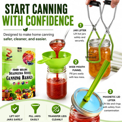 Supa Ant Canning Supplies Starter Kit (Food Grade) - Canning Kits Set for Beginners - 3 Pcs. Including Wide Mouth Jar Funnel, Magnetic Lid Lifter, Stainless Steel Jar Lifter (Assembled in USA) Green