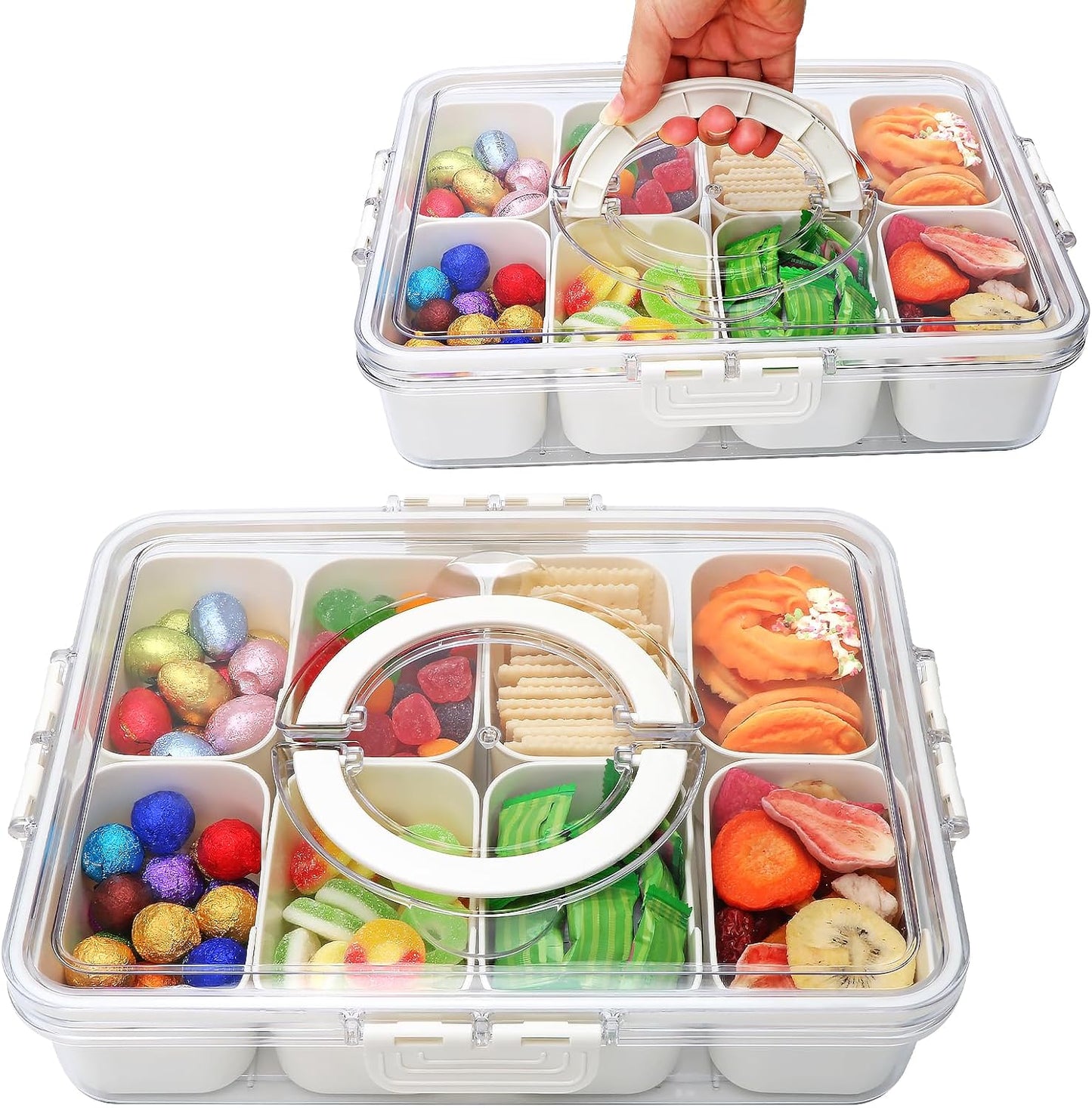 Reusable Divided Serving Tray with Lid,Snack Tray with Lid and Handle for Portable Snack Platters, Fruit Platters,Clear Snack Containers Ideal for Travel,Picnic,Party,2 Pcs