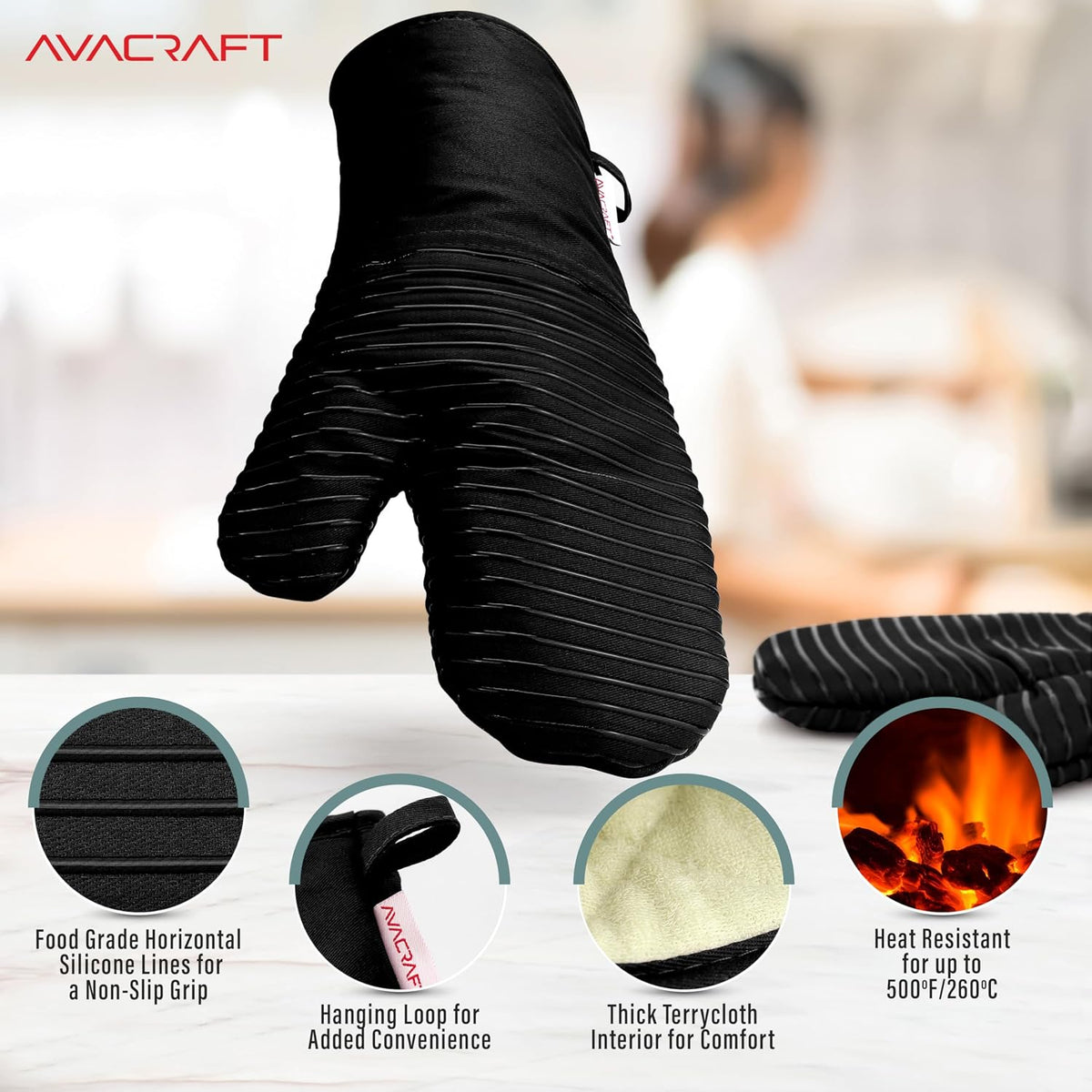 AVACRAFT Oven Mitts Pair, Flexible, 100% Cotton with Unique Heat Resistant Food Grade Silicone, Thick Terry Cloth Interior, 500 F Heat Resistant (Red Oven Mitts)