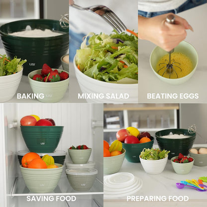 LISI 23Pcs Mixing Bowls Set with Lids, Airtight BPA-Free Nesting Bowls for Mixing, Baking, Cooking & Storage, Dishwasher Safe Serving Bowl, Includes Spatula, Spoons, Brush & Whisk