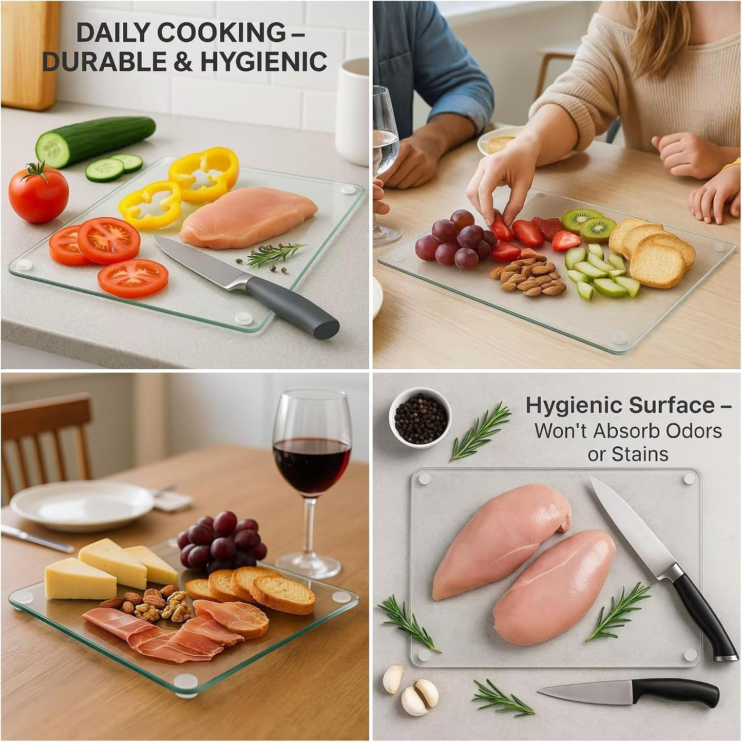 Set of 4 Tempered Glass Cutting Boards for Kitchen, Clear Chopping Board with Non-slip Rubber Feet for Countertop, Rectangle Chopping Block Long Lasting Shatter-Resistant Heat-Resistant, 2 Size