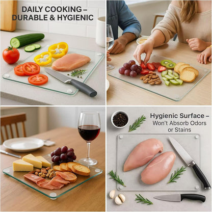 Set of 4 Tempered Glass Cutting Boards for Kitchen, Clear Chopping Board with Non-slip Rubber Feet for Countertop, Rectangle Chopping Block Long Lasting Shatter-Resistant Heat-Resistant, 2 Size