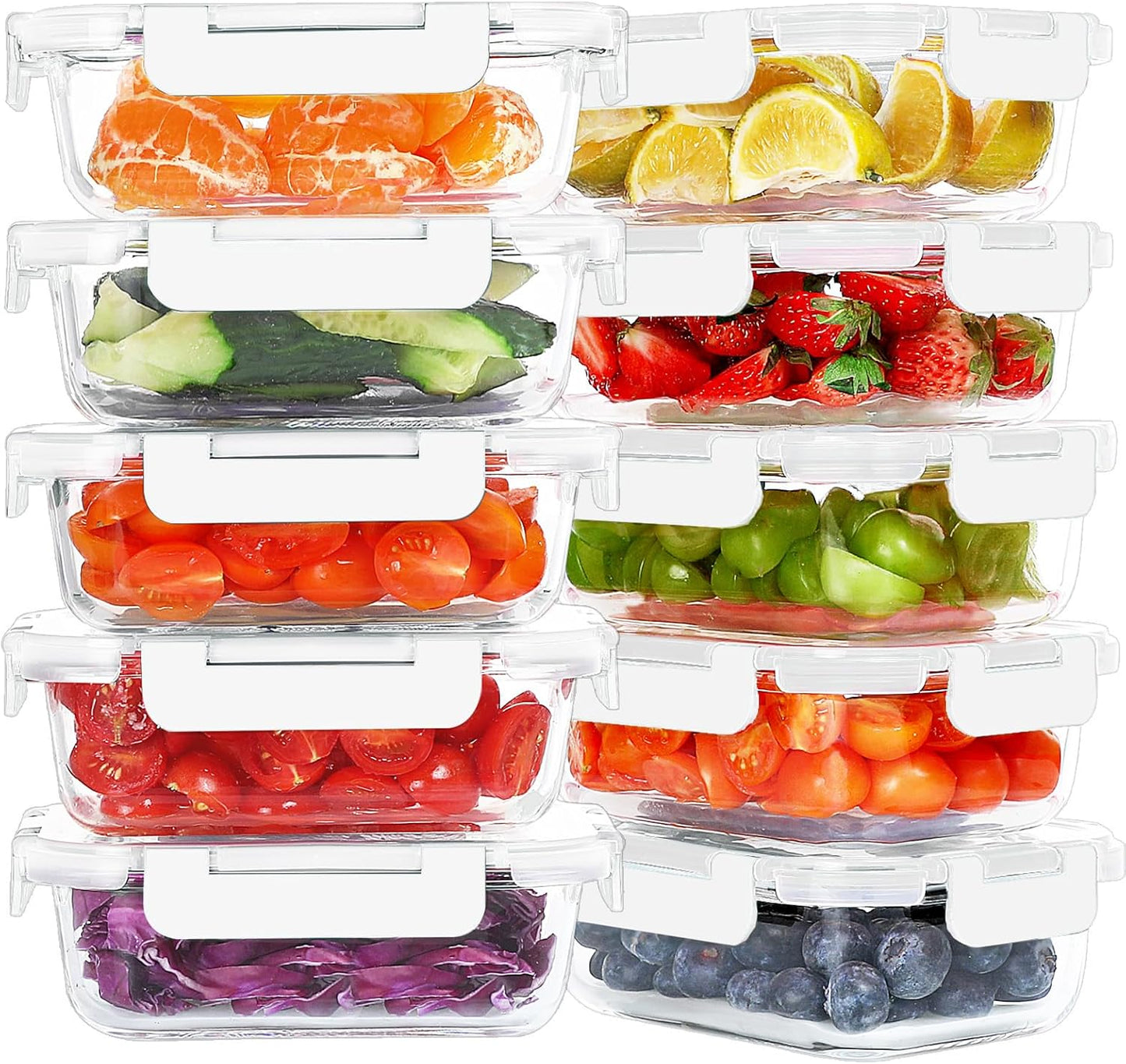 KOMUEE 10 Packs 22 oz Glass Meal Prep Containers, Glass Food Storage Containers with Lids, Airtight Lunch Boxes BPA Free, Microwave and Freezer Safe