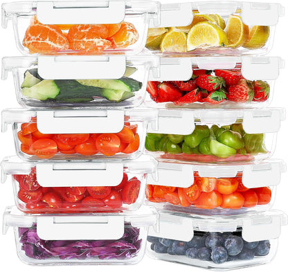 KOMUEE 10 Packs 22 oz Glass Meal Prep Containers, Glass Food Storage Containers with Lids, Airtight Lunch Boxes BPA Free, Microwave and Freezer Safe