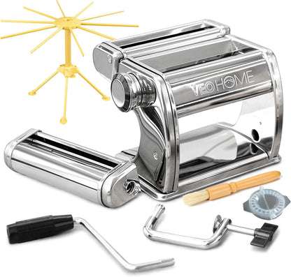 Manual Pasta Maker with Dryer - Multi-Pasta Stainless Steel Italian Flat Dough Machine with Adjustable Setting, Sharp Cutter, and Hand Crank - Fresh Homemade Noodles, Spaghetti, Lasagne | By VeoHome…